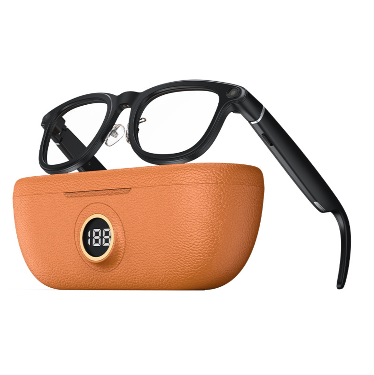 X01 AI voice charging warehouse translation smart glasses, front view with charging dock